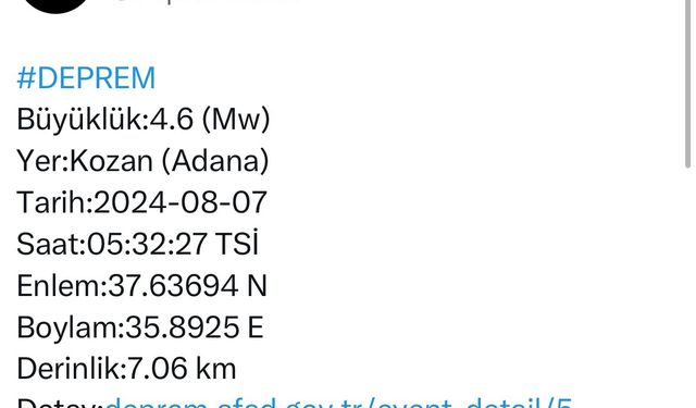 Adana’da 4,6 Büyüklüğünde Deprem