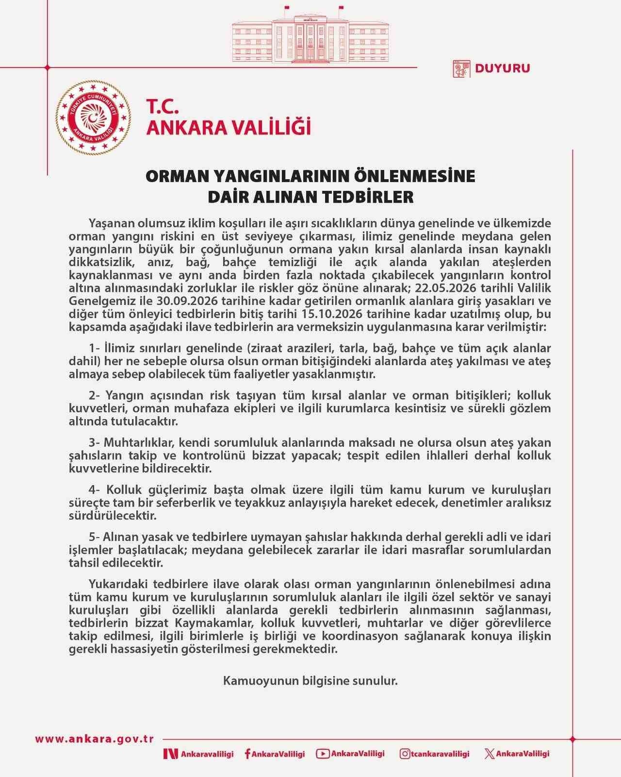 Ankara'da orman yangınlarının önlenmesine yönelik tedbirler 15 Ekim tarihine kadar uzatıldı